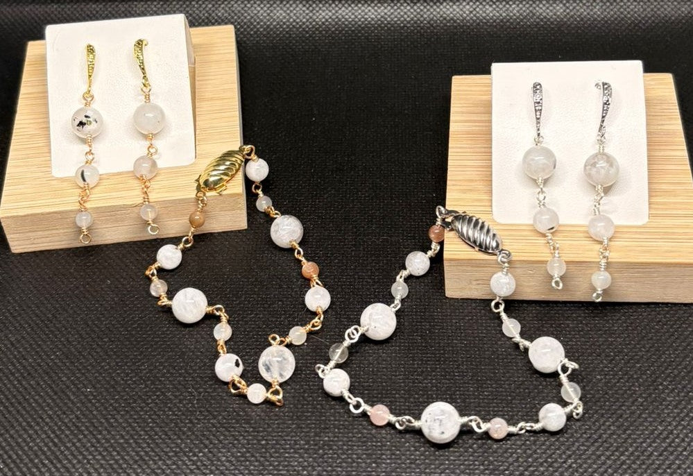 Parure de pierres de lune 1 | Bracelet et boucles d'oreilles